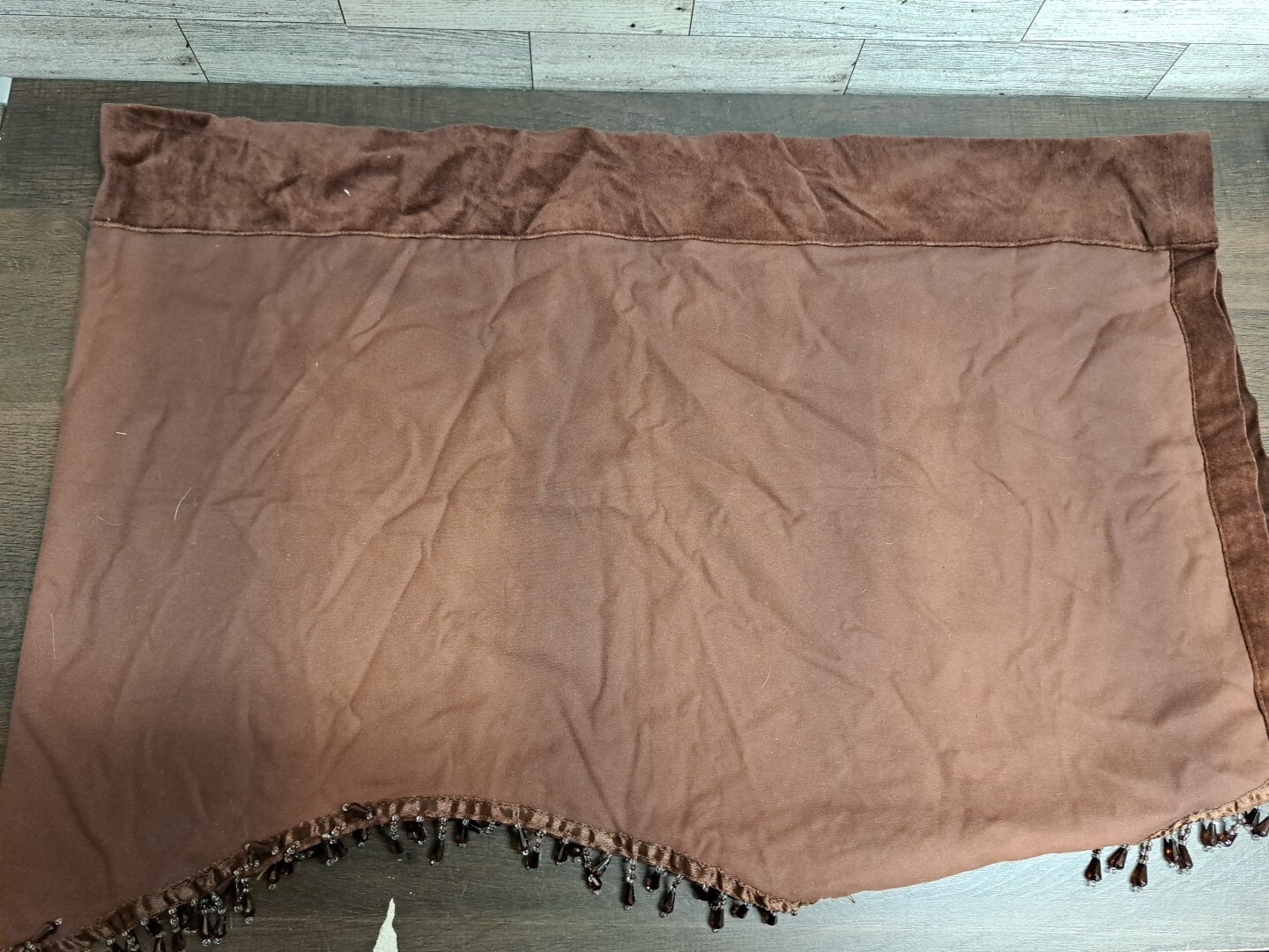Brown Velour Velvet Valance Curtains 54x17½ Window Topper Scalloped Beaded Retro