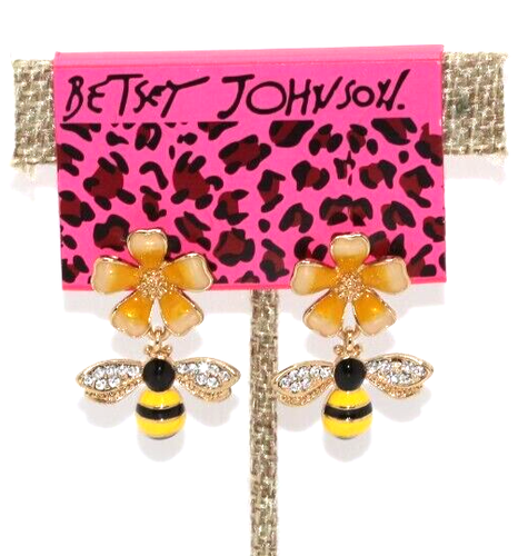 Betsey Johnson Earrings Bumble Honey Bee Rhinestone Enamel Flower NEW - Picture 7 of 7