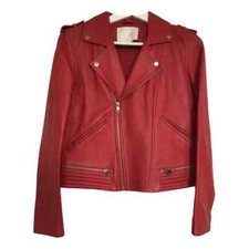 Nice Maje Red Leather Jacket , Size 40, Uk 10-12, Rrp £ 459