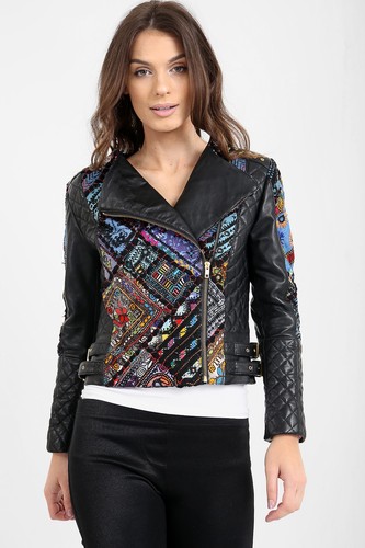 Ladies Leather Biker jacket with Fabric 