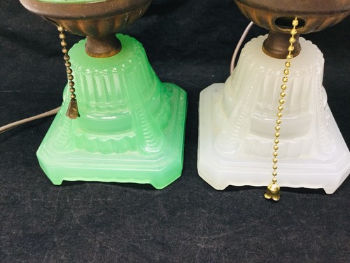 Pair of Art Deco Houze Houzex Lamps Skyscraper Torpedo Jade Green & White - Picture 4 of 11