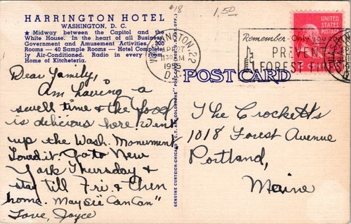 Washington DC Hotel Harrington RV Bryce Director 1950s Linen postcard CP2 - Picture 2 of 2