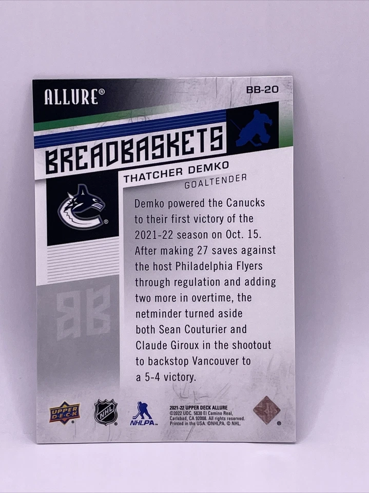 2021-22 Upper Deck Allure - Breadbaskets #BB-20 Thatcher Demko - Image 2 of 2