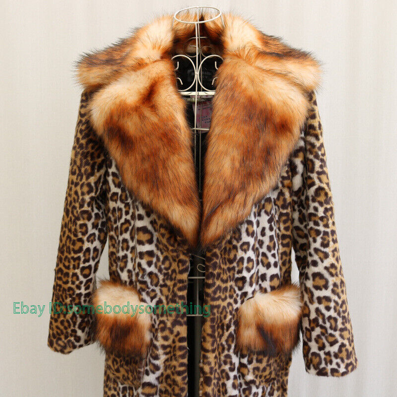 Women's Leopard Print Faux Fur Coat Raccoon Large Collar Warm Women's Leopard Print Faux Fur Coat Raccoon Large Collar Warm