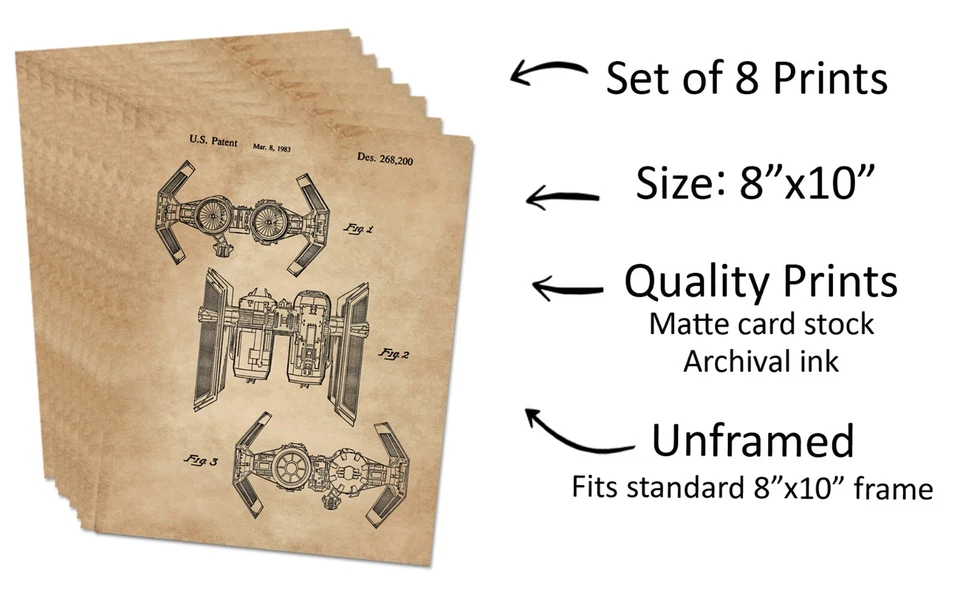 Набор из 8 винтажных настенных художественных гравюр Star Wars декор подарки 8x10 - Изображение 3 из 4