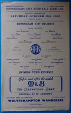 BIRMINGHAM CITY RESERVES v SWINDON TOWN RESERVES 63-64 SINGLE SHEET PROGRAMME