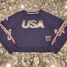 SUPERDRY Womens Oversized Crop Graphic Sweatshirt Jumper US 8 UK 12 M Blue