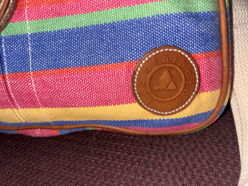LIZ CLAIBORNE LEATHER TRIMMED STRIPED CANVAS BAG HANDBAG PURSE Rainbow Stripes - Image 3 of 4