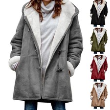 Winter Vintage Button Jackets Women's Warm Fleece Hooded Coat Casual Mid-Length