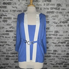 Carlisle 2 Piece Suit Set Womens Sz L Blue Silk Knit Belted Blazer Tank Cardigan