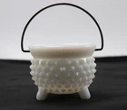 Vintage White Hobnail Footed Cauldron With Handle, No Chips, Sturdy Glass
