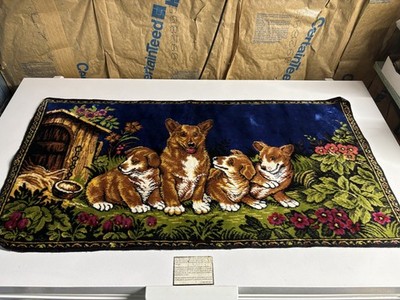 Vintage VELVET CORGI Mom & PUPPIES WALL HANGING Rug 38'' X 19.5'' Picture Blue