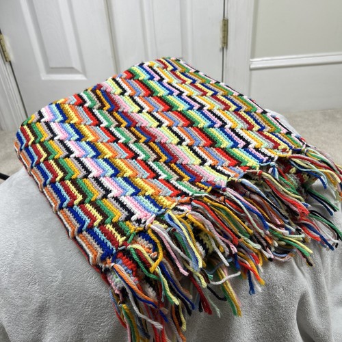 VTG Boho Stripe Rainbow Hand Knit Crochet Blanket Throw Afghan 44x56 Cottagecore