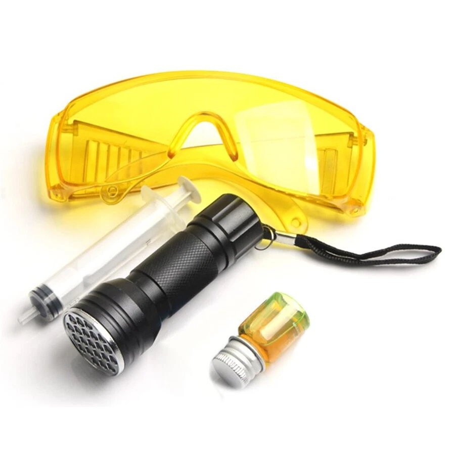 Kit de prueba de sistema de enfriamiento de aire acondicionado para automóvil Detector de fugas UV Aceite con probador Gafas de luz EE. UU. Foto 2 de 4