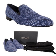 47 US 14 NEW $1175 VERSACE Men's Blue Denim BAROCCO CRYSTALS SMOKING LOAFERS NIB