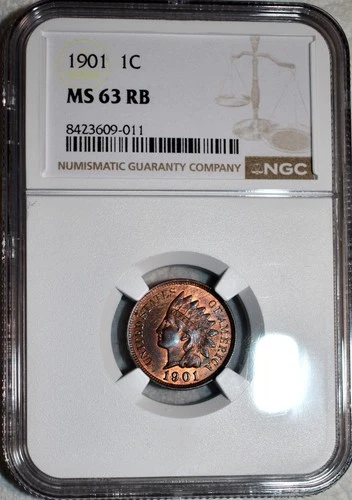 NGC MS-63 RB 1901 Indian Head Cent, Well-Struck, Red-Brown specimen.