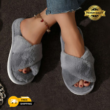 Women's Gray Plush Cross Band House Slippers Soft Cozy Open Toe Indoor Shoes