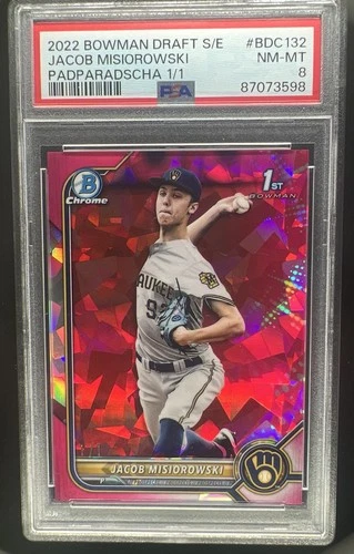 2022 Bowman Draft Sapphire Jacob Misiorowski 1st Chrome Padparadscha #1/1 PSA 8