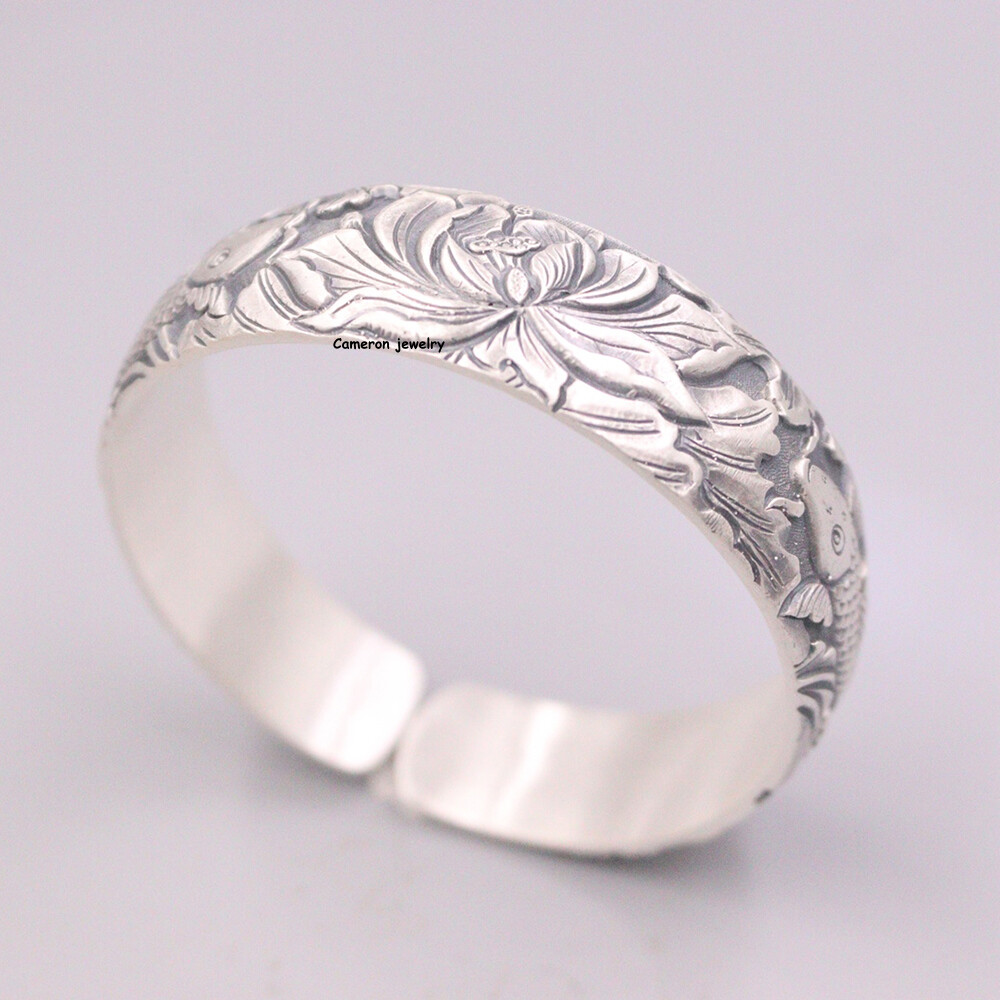 Pure S999 Fine Silver 999 Bracelet Fish Flower Open Bangle 76-77g