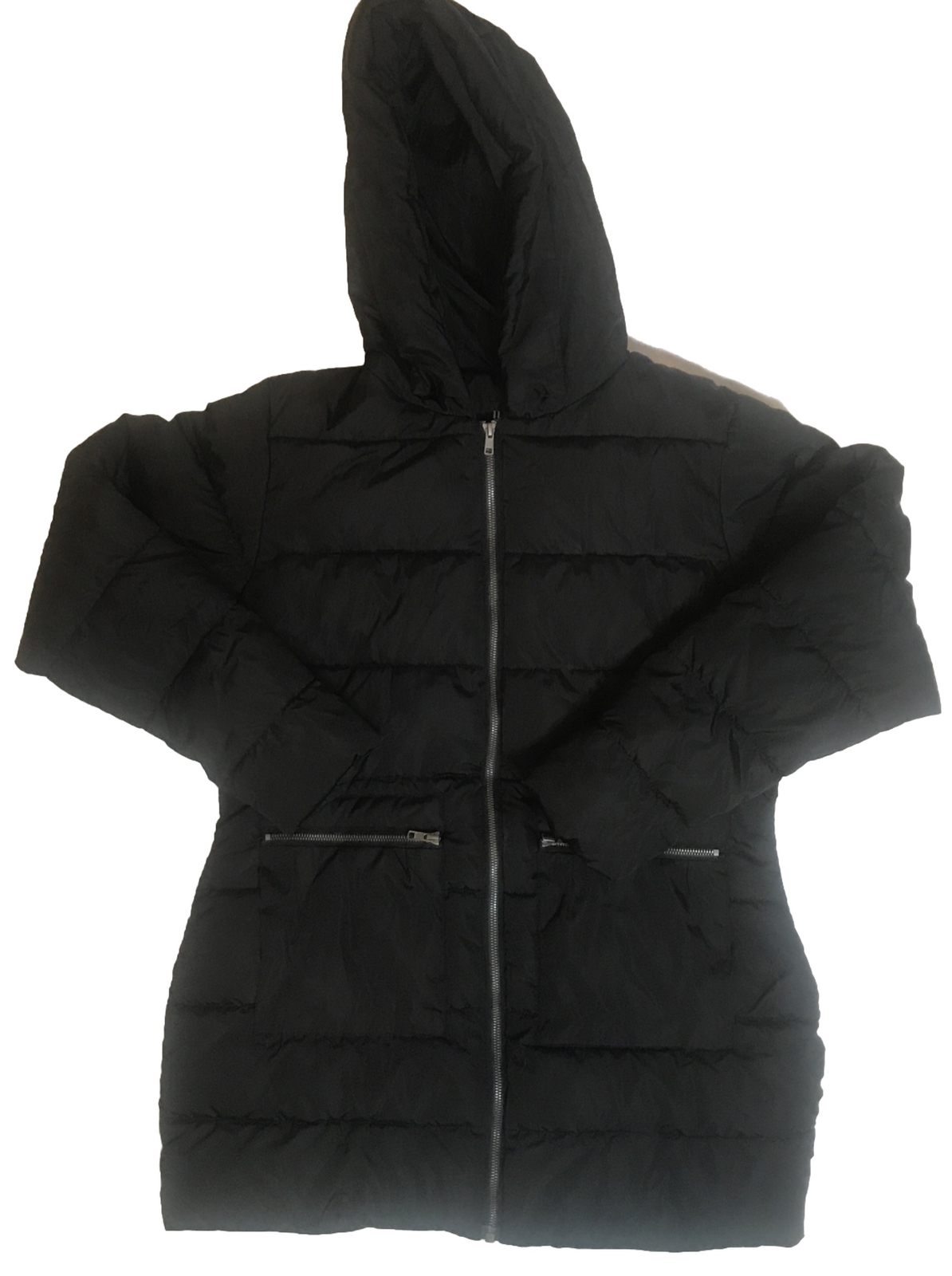 Women’s Black Puffer Coat with Hood and Dual Zipper Pockets by ILOVESIA