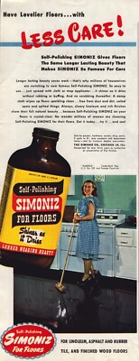 #ad #ad 1946 Simoniz Floor Polish Print Ad Less Care Housewife Mopping $11.99