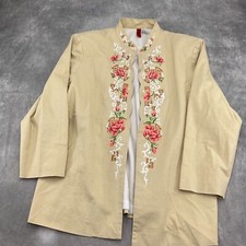 Look East Jacket Women 1xlarge Tan Floral Embroidered Asian Linen Stretch