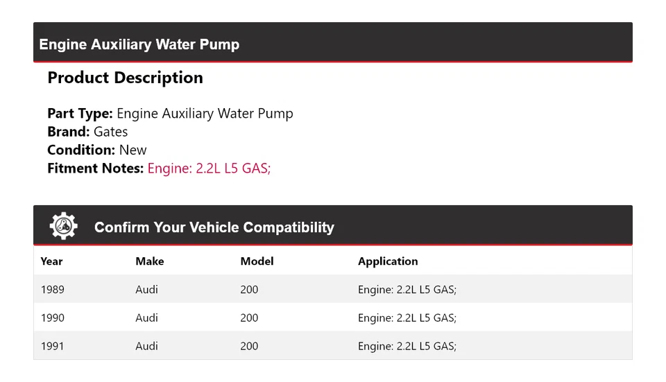 Para Audi 200 1989-1991 2,2 L L5 motor gas auxiliar bomba agua puertas 1990 Foto 2 de 4