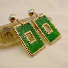 Green Jade Carved Earrings White Pearl Gold Plated Stud Dangle Style Earring