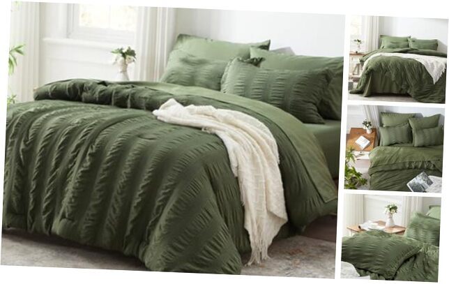 Comforter Set 7 pieces, Olive Green Seersucker Bed Queen Olive Green Pinstripe-image