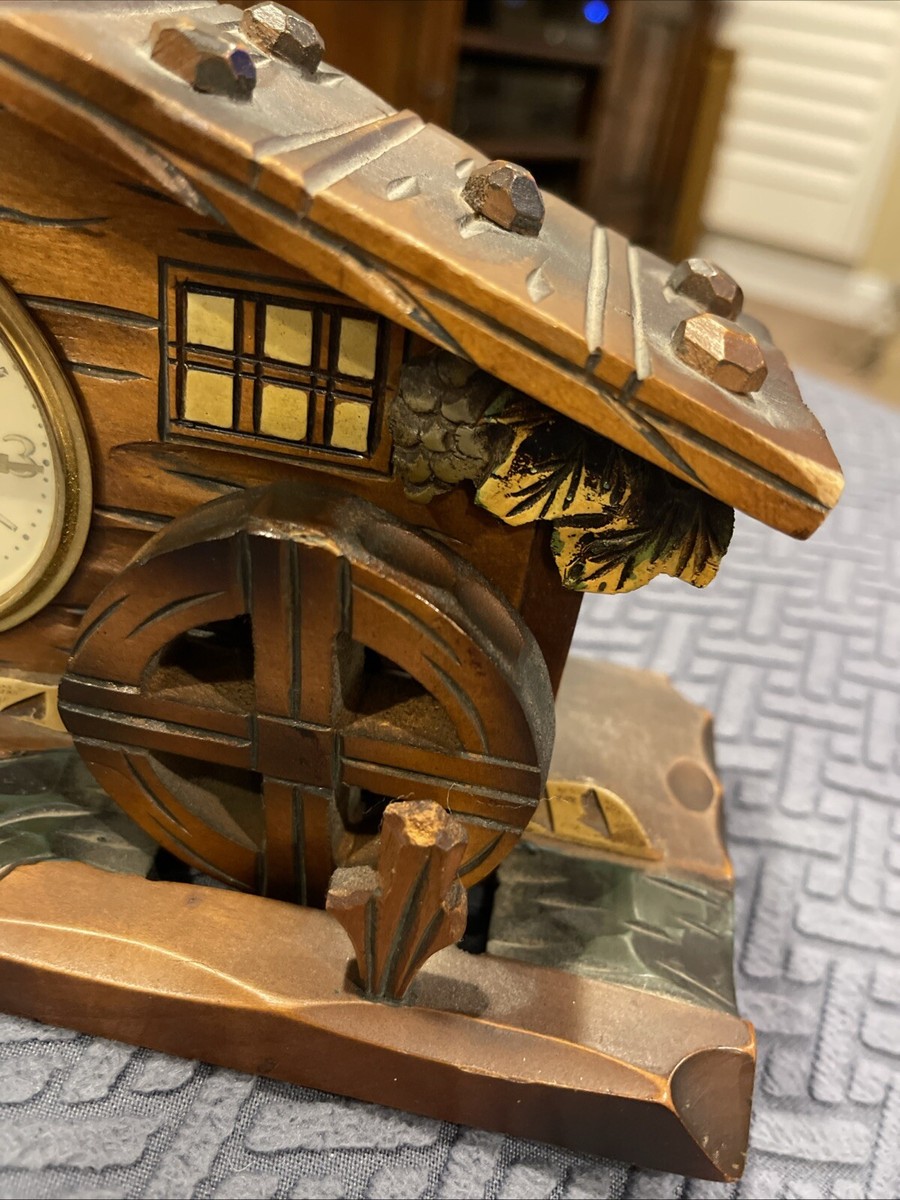 Tokyo Tokei Carved Wood Table Clock Music Box Mill Water Wheel Owl