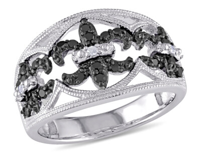 Enhanced Black and White Fleur De Lys Diamond Ring 1/4 Carat (ctw) in Sterling S