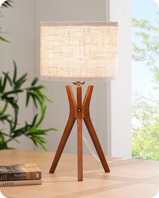 EDISHINE Mid Century Table Lamp,Deep Wood Color Light Base & Beige Linen Lampsha