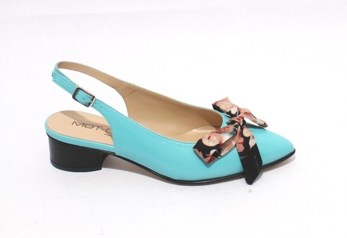MOT-CLe 871b Aquamarine Leather Pointy Slingbacks Heel Bow Sandals 36.5 / US 6.5 - Picture 3 of 8