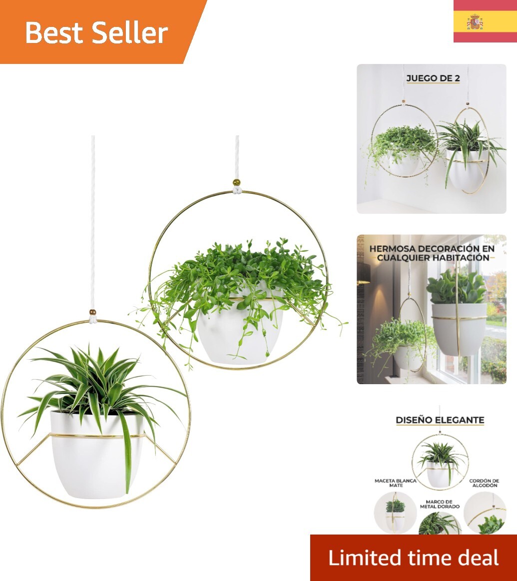 Set de 2 Maceteros Decorativos para Colgar - Estilo Moderno en Blanco y Dorado