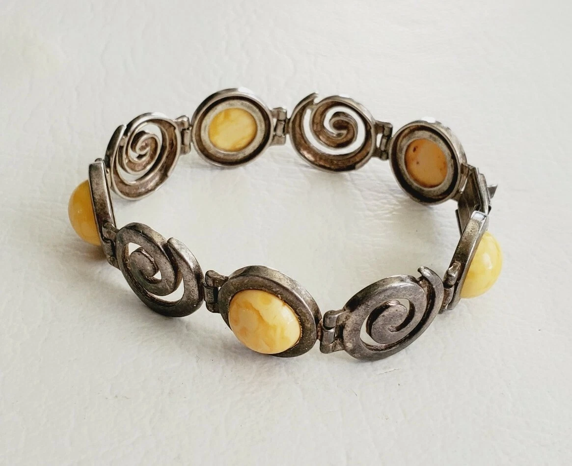 Native American Very Rare Honeybee Yellowstone Jasper Sterling Silver Link Bracelet Native American Very Rare Honeybee Yellowstone Jasper Sterling Silver Link Bracelet