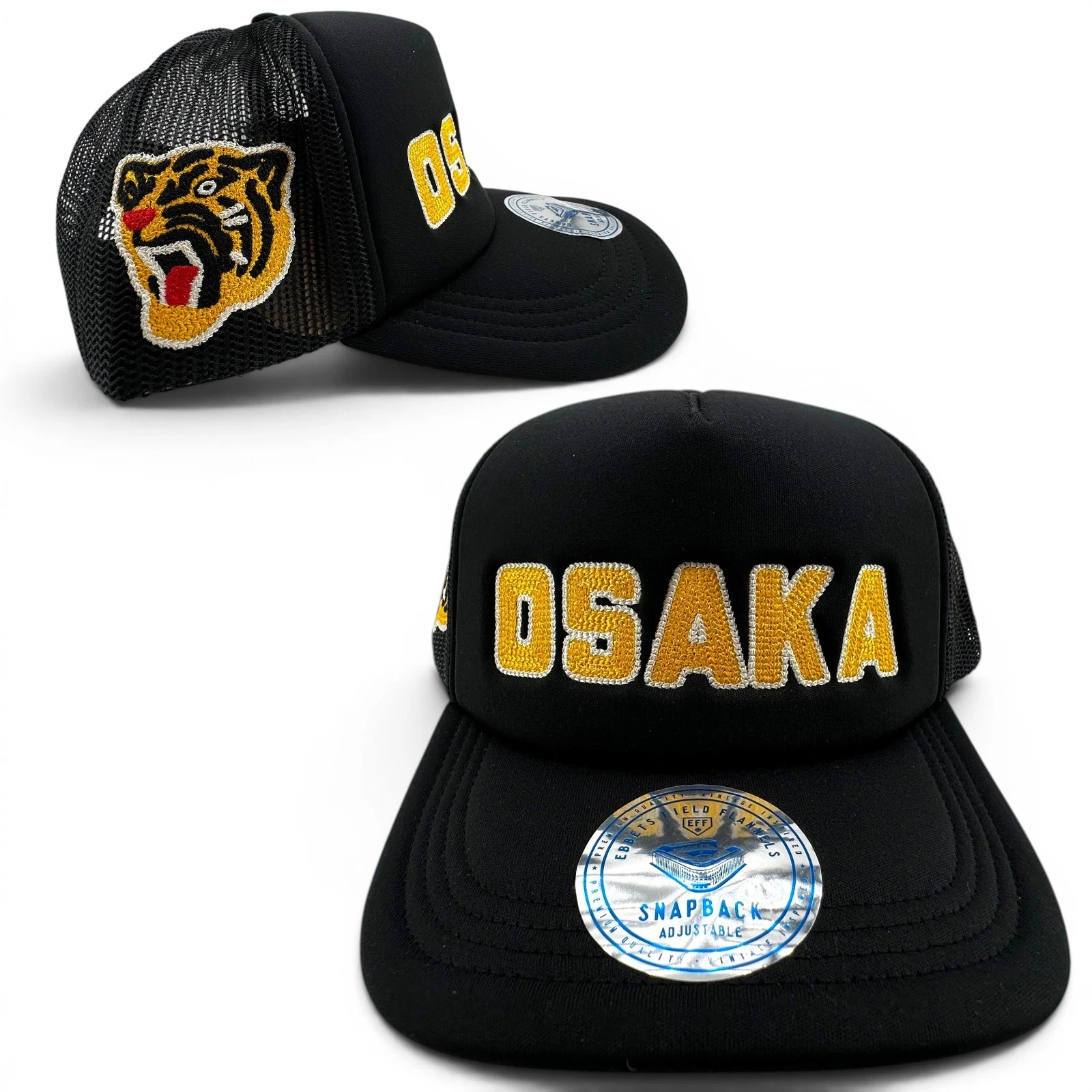 Osaka Tigers Trucker Hat Black Ebbets Field Flannels DNA Snapback OSFM Cap NEW