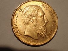 1875 BELGIUM GOLD 20 Franc Leopold II KM# 37 AGW: 0.1867oz UNC but edge nick
