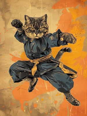 Epische Samurai Katze mit Katana Japanischer Krieger Wandbild Poster A1-A4 Poster Kunst P