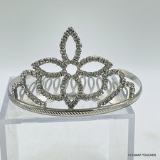 Girls Tiara Silver Tone Metal Rhinestone Headpiece Comb Small Crown Wedding