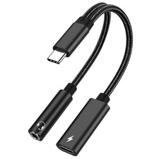USB Type C to 3.5mm Headphone and Charger Adapter, 2 in 1 Hi-Res Black