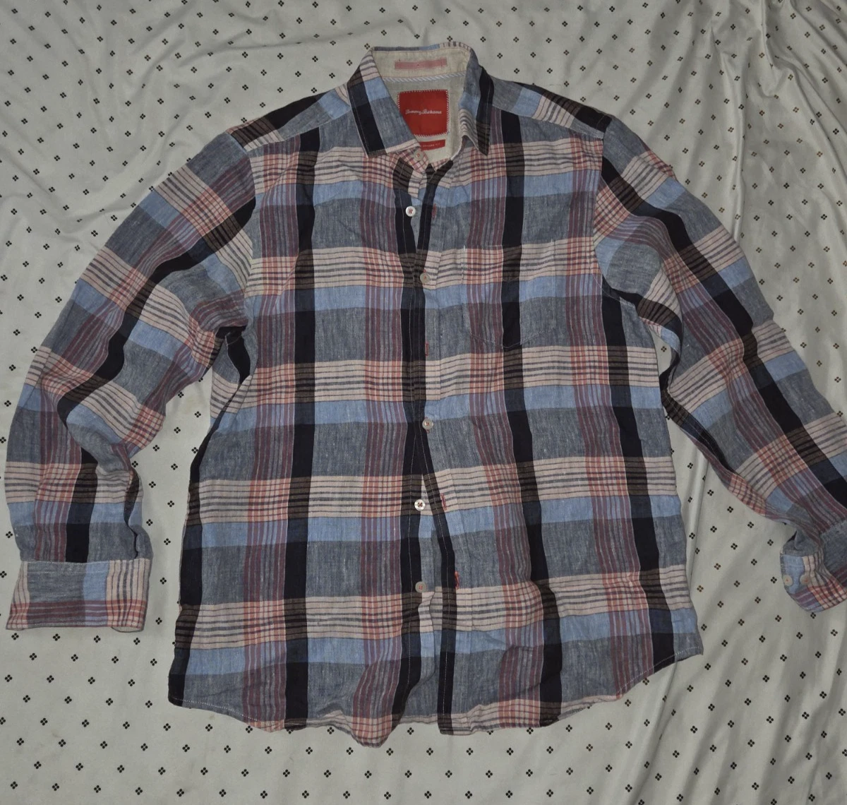 Tommy Bahama Shirt Mens S Red Blue Plaid Long Sleeve Cotton Island Modern Fit