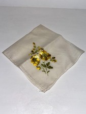 Vintage Handkerchief Embroidered Gold Green Floral Flowers Linen 10"x10"Hankie