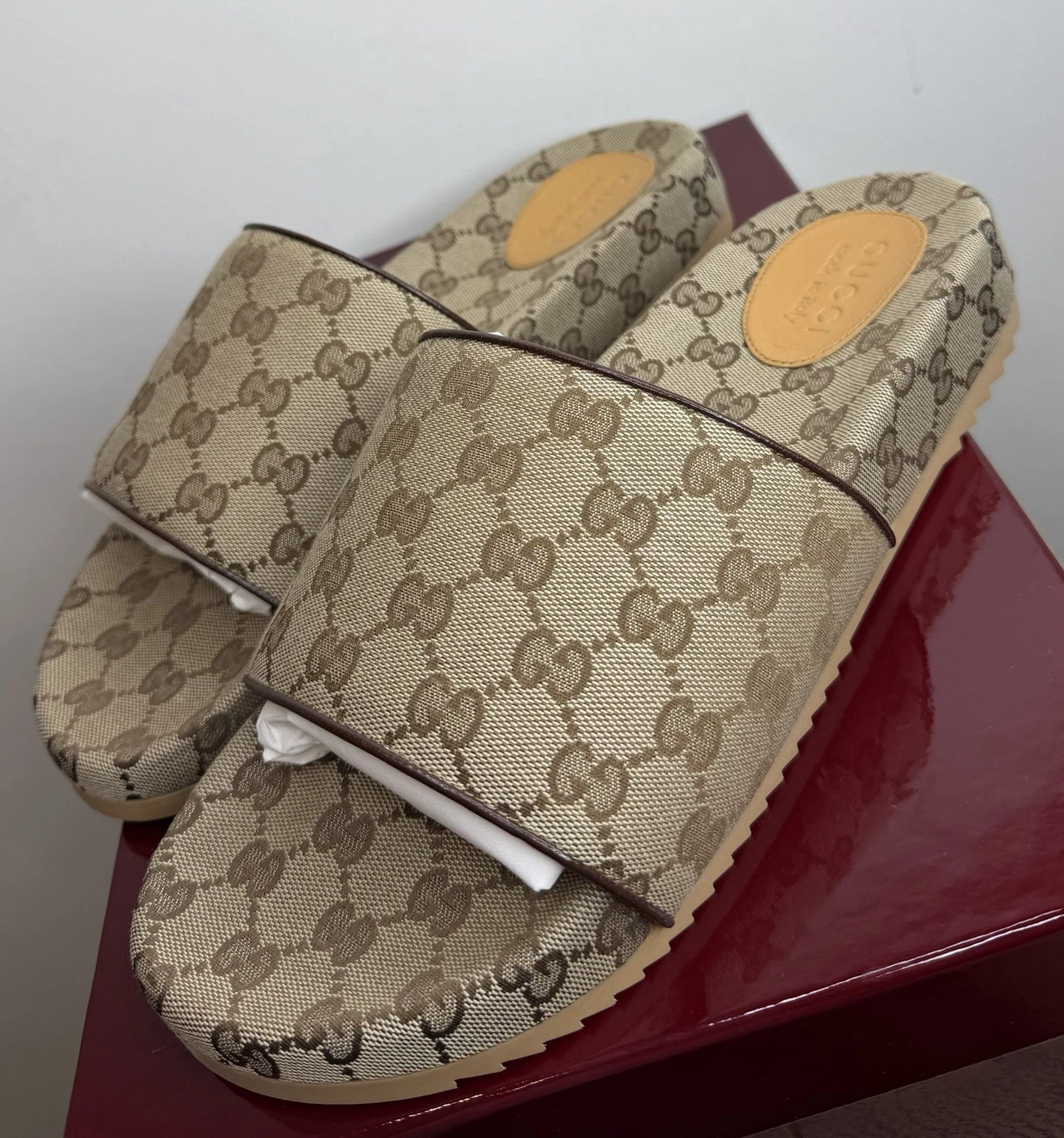 Gucci Mens Brown Canvas Leather GG Monogram Sliders Sandals Size 14UK/15US