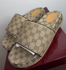 Gucci Mens Brown Canvas Leather GG Monogram Sliders Sandals Size 14UK/15US
