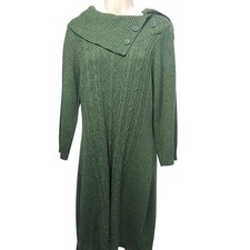 Alison Brittne Green Cable Knit Sweater Dress Asymmetrical Collar Size L