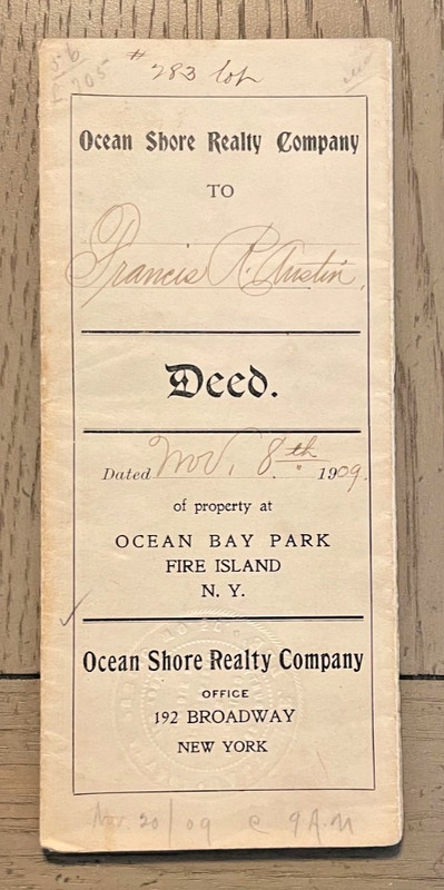 Vintage Land Deed 1909 for Property in Ocean Bay Park, Fire Island NY