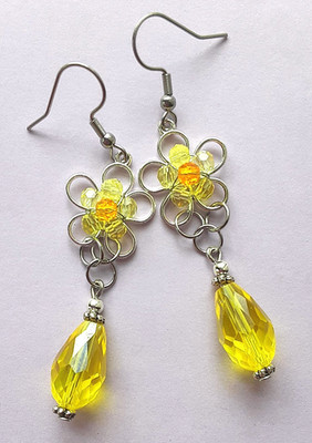 YELLOW CRYSTAL DAISY  teardrop DANGLE earring FISH HOOK handmade XAG