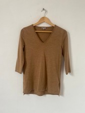Kettlewell Women Jumper XS Tan Merino Wool V Neck 3/4 Sleeve Pullover Knit