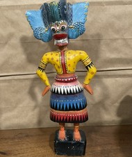 Vintage Hand-carved Wood Peacock Mask on Woman Figurine Sri Lanka Colors Rare
