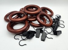 Wooden Curtain Drapery Pole Rings Hanger Hook Clips Eye Screw Set of 13 Brown